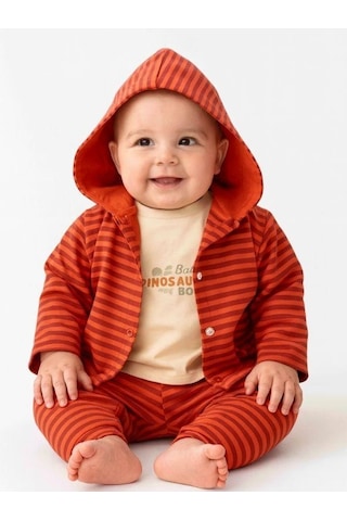 Zekids 3 Lü Organik Çizgili Kapüşonlu Bebek Eşofman Takımı-16165 Kırmızı