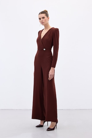 Sateen Kruvaze Süs Taşlı Krep Tulum - Bordo-136568 Bordo
