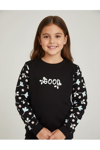 Kız Çocuk Çiçek Baskılı Sweatshirt SiYAH
