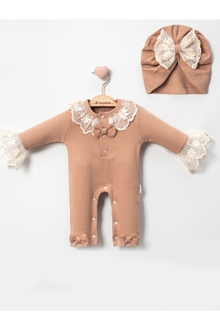 Babydonat Dantel Yaka Detaylı Şapkalı 2'Li Kız Bebek Tulummm Kahverengi