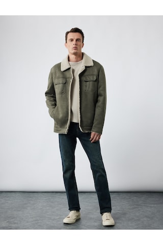 Koton Kapaklı Cepli Çıtçıt Düğme Detaylı Slim Fit İçi Peluş Yaka Suni Süet Ceket Haki 6wam20103hw