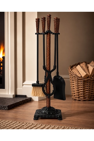 Geometrik Başlıklı Bronz 4 Parça Şömine Maşa Takımı