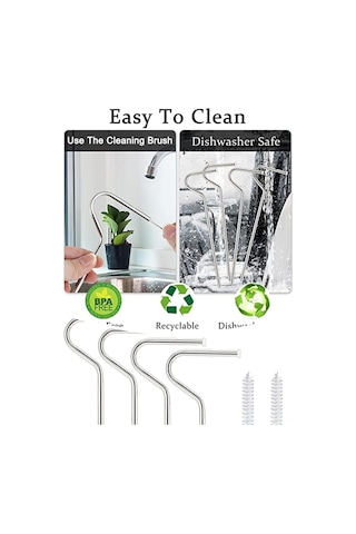 Dofolink 4 Adet Çelik Pipet + 2 Temizleme Fırça Seti - Gözle Görülür Gülüş Kırışıklığını Azaltan, Yeniden Kullanılabilir, Çevre Dostu, Flüt Desenli Gümüş Rengi