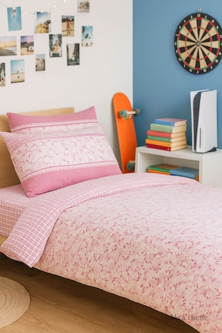 Pembe Çiçek Desenli Pamuklu Tek Kişilik Nevresim Takımı Pembe