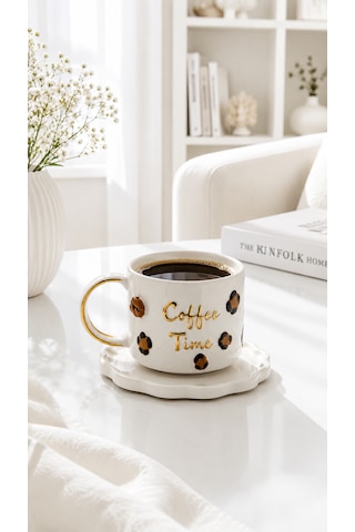 Coffee Time El Yapımı Seramik Kupa 24k Altın Detaylı Çok Renkli