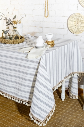 Dnc Home Tekstil  Çizgili Gri Şeritli Ponponlu Masa Örtüsü