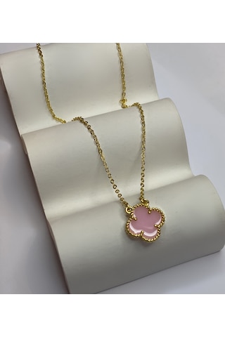 Kadın Pembe Renk Yonca Model Çelik Kolye Gold