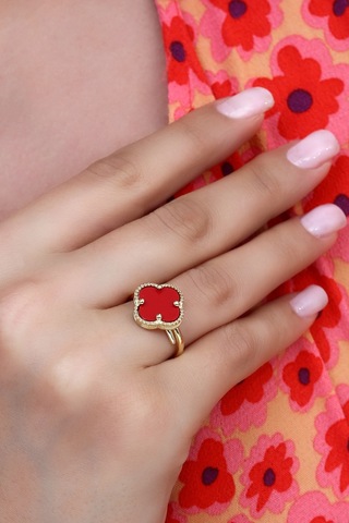 14k Altın Kaplamalı 925 Ayar Gümüş Granada Saray Yoncası Yüzük - Kırmızı 34025201 Altın