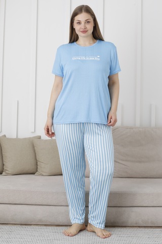 Wordex Mirano 3503 Çizgili Pijamalı Kısa Kollu Büyük Beden Pegasus Kumaş Kadın Pijama Takımı Mavi