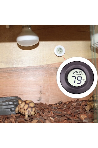 Dijital Yuvarlak Şekilli Sürüngen Kutusu Santigrat Termometre Ve Ekranlı Higrometre Siyah
