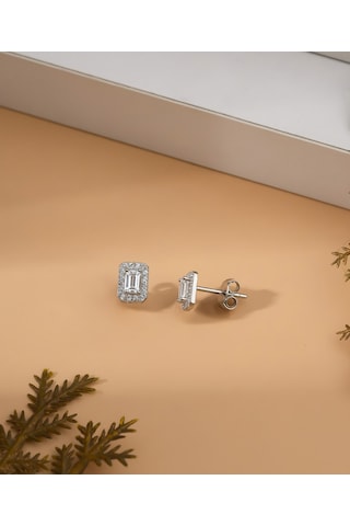 925 Ayar Rodyum Baget Kesim Zirkon Taşlı Minimal Günlük Gümüş Küpe Gümüş