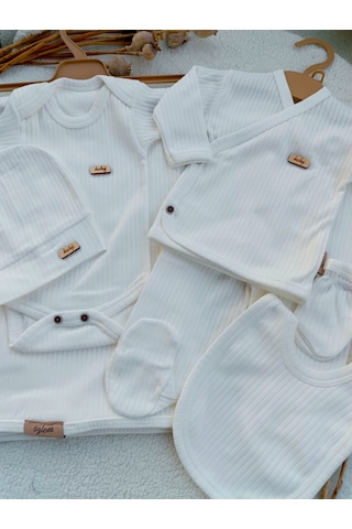 Bilge Trend Kız Erkek Bebek Natural 7 Parça Beyaz Hastane Çıkışı Zıbın Seti Beyaz