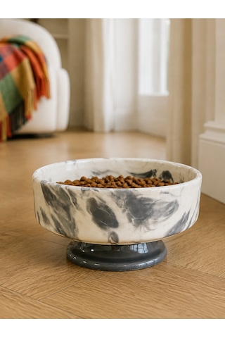 Mama Kabı Kedi Ve Köpek 1 Adet Doğal Mama Veya Su Kabı Gri Marble