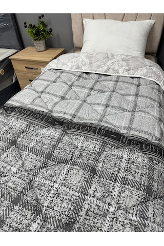 Clasy %100 Pamuk Ranforce Tek Kişilik Yorgan Çift Taraflı Gri Ekose Çiçek Desenli Gri
