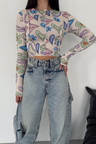 Femelle Kadın Desenli Crop Bluz Krem