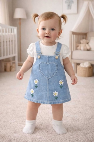 Bebexo Kıds Kız Bebek Salopet Papatya Nakışlı Kot Jile Ve Bluz Takım/bayramlık Elbise 6-9/9-12/12-18/18-24 Ay Mavi Mavi