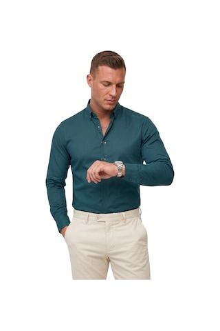 Deep Sea Deepsea Yeşil Slim Fit Likralı Kolay Ütülenebilir Gizli Düğmeli Erkek Gömlek 2602614
