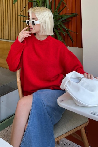 Madmext Madmext Bisiklet Yaka Oversize Triko Kazak MG1972 Kırmızı