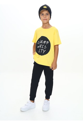 Toontoy Kids Toontoy Erkek Çocuk 2'li Takım Baskılı Bisiklet Yaka Kısa Kollu T-shirt & Beli Paçası Lastikli Cepli Jogger Eşofman Altı - Renk Bloklu & 2 İplik Sarı