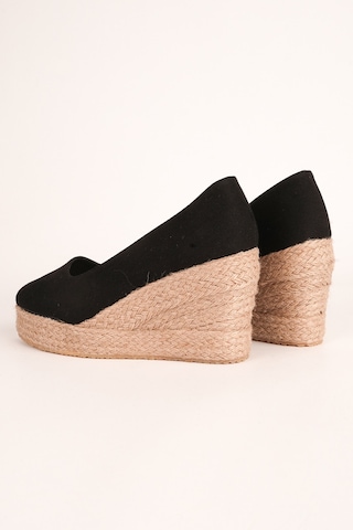 Siyah Platformlu Keten Espadril Dolgu Topuk Siyah