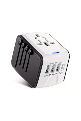 Fochsia Beyaz Global Seyahat Adaptörü C Tipi 3 Usb Port Ve Ac Prizli Evrensel Seyahat Şarj Aleti