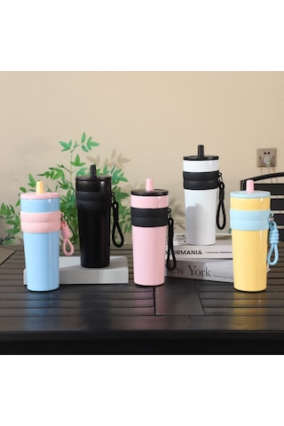 Ruicoo 316 Paslanmaz Çelik Seyahat Bardağı - Taşınabilir İp Kulplu Ve Pipetli Pembe