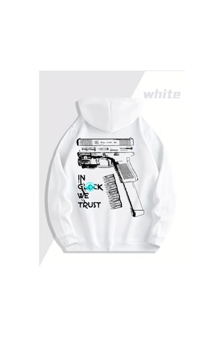 Nevermind Glock Grafik Baskılı Beyaz Hoodie Sokak Modası Unisex Kapüşonlu