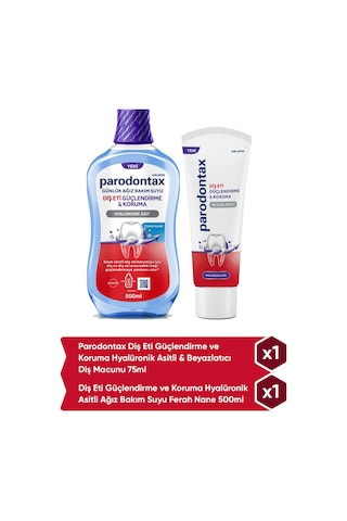 Parodontax Diş Eti Güçlendirme Ve Koruma Diş Macunu 75 ML + Hyalüronik Asit İçerikli Ağız Bakım Suyu 500 ML