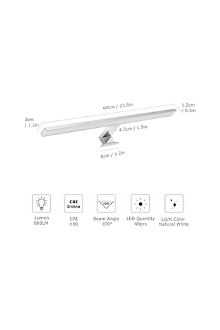 Yunboo Banyo Led Ayna Işığı 60cm 10w Paslanmaz Çelik 4000k Beyaz Işık Ip44 Dolap Duvar Aydınlatması Gümüş