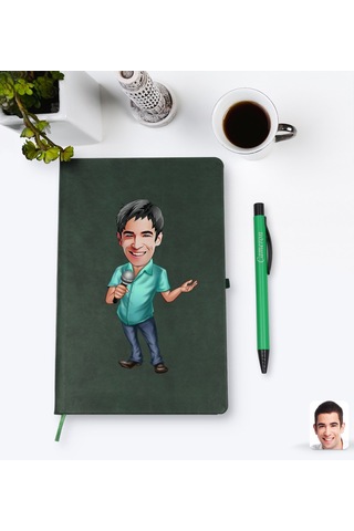 Kişiye Özel Erkek Şarkıcı Karikatürlü Yeşil Termo Deri Defter Kal