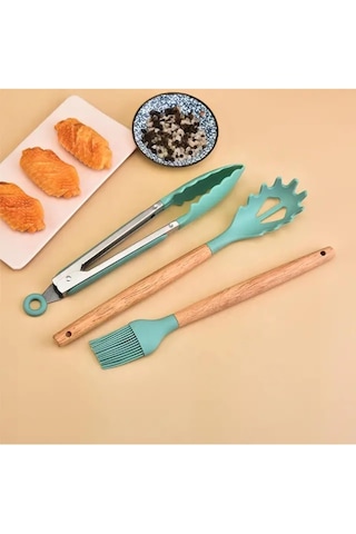12 Parça Bambu Saplı Silikon Kepçe Spatula Mutfak Seti, Gümüş