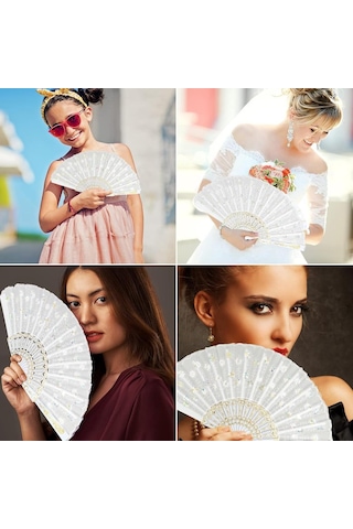 Beluga Yelpaze Şık Doğal Serinletici Pullu Gelin Yelpaze Beyaz