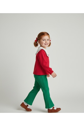 İşlemeli Yaka Kırmızı Badi Ve Fitilli Yeşil Eşofman Altı Kız Çocuk Alt Üst Takımı Kırmızı
