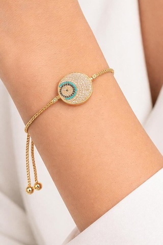 Zirkon Taşlı Ayarlanabilir Nazar Gold Bileklik Gümüş + Altın