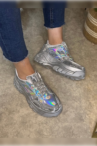 Günlük Kadın Sneaker Kalın Yüksek Taban Bağcıklı Rahat Tiger Şeritli Spor Ayakkabı 032 13 - Gümüş Holo