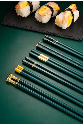 Valkyrie 5 Çift Yemek Çubuğu Seti 24,3 Cm Japon Kore Sushi Chopsticks Lüks Altın Detaylı Yeşil