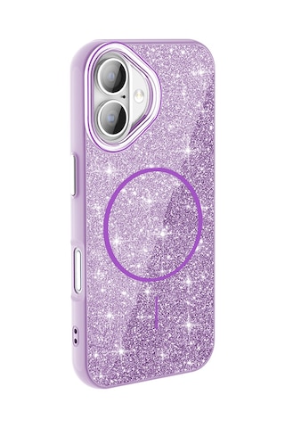 Rba Aksesuar Apple Uyumlu iPhone 16 Plus Kılıf M-safe Şarj Özellikli Parlayan Simli Rba Okso Kapak - Derin Mor Çok Renkli