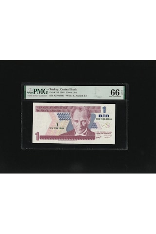 Bir Yeni Türk Lirası 1 Ytl P216 2005 Pmg 66 Epq Gem Unc S/n A27045067 / 8.ems 1. Tertip