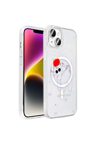 Techaks Apple Uyumlu iPhone 15 Kılıf M-safe Şarj Özellikli Şeffaf Zore Folk Sert Kapak - Çilek Beyaz