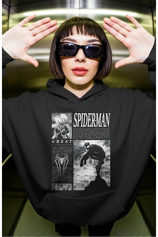 Sevbano Spider-man Örümcek Adam Film Kahramanı Ön Baskılı Unisex Oversize Siyah
