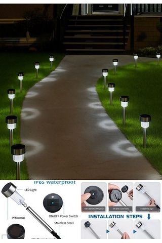 Beyaz Led Işıklı Solar Güneş Enerjili 4 Adet Metal Gövdeli Saplamalı Bahçe Lambası 30 Cm Beyaz Led Beyaz