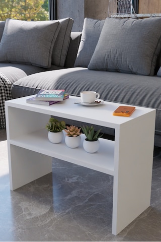 Alpa Ev Mobilya Alt Raflı Orta Sehpa, Modern Salon Sehpası, Dekoratif Çay & Kahve Yan Sehpası Beyaz