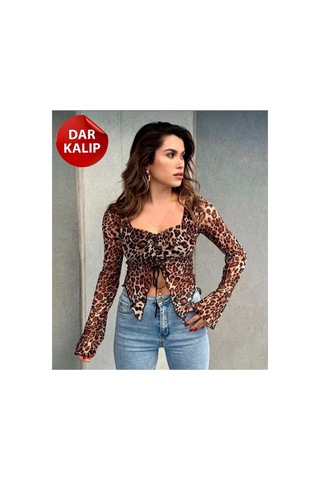 Moda Banuş Leopar Fantazi Tüllü Dar Kalıp Büzgülü Bluz Kahverengi