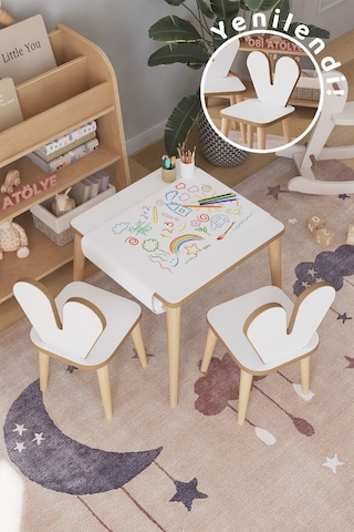 Resim Kağıdı Rulolu Çocuk Aktivite Masası 45x45 Cm 2 Sandalyeli Tavşan Sandalye Çok Renkli