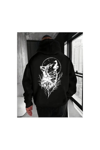 Herkesemoda Arka Kurt Baskı Detaylı İçi Polarlı Kapüşonlu Sweatshirt Siyah