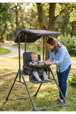 Yatarlı Tenteli Mama Tablalı Katlanır Keten Kumaş Ev Tipi Salıncak & Mama Sandalyesi