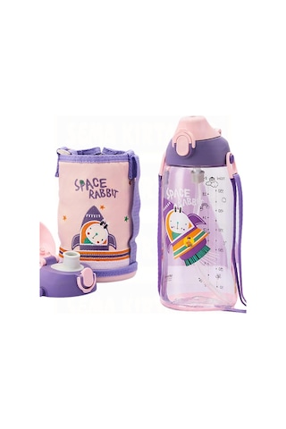 Uzspace Büyük Boy 700ml Kılıflı Askılı Pipetli/pipetsiz Iki Ayrı Kapaklı Tritan Çocuk Matarası Space Rabbit Mor-pembe Diğer