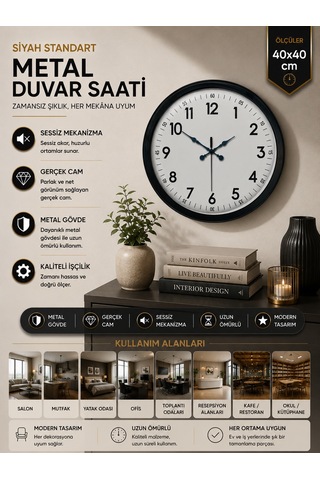 40 Cm Siyah Metal Standart Duvar Saati Standart Metal Siyah Kadran Pl-4005b
