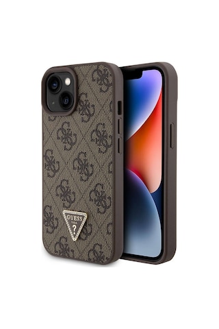 Apple Uyumlu iPhone 15 Kılıf Guess Lisanslı Pu Deri Taşlı Üçgen Logo 4g Desenli Strass Kapak Siyah