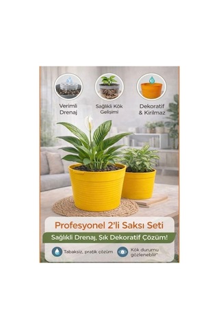 2'li Saksı Seti - 15 Pot Üretim + 1,8 Litre Sarı Dekoratif Kırılmaz Saksı Tabaksız Uyumlu